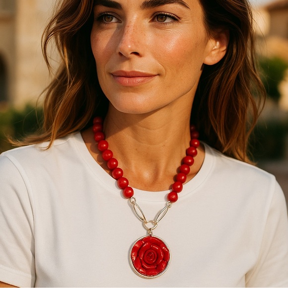 Elegant Red Rose Pendant Necklace with Recycled Glass Beads Silver - Picture 1 of 5